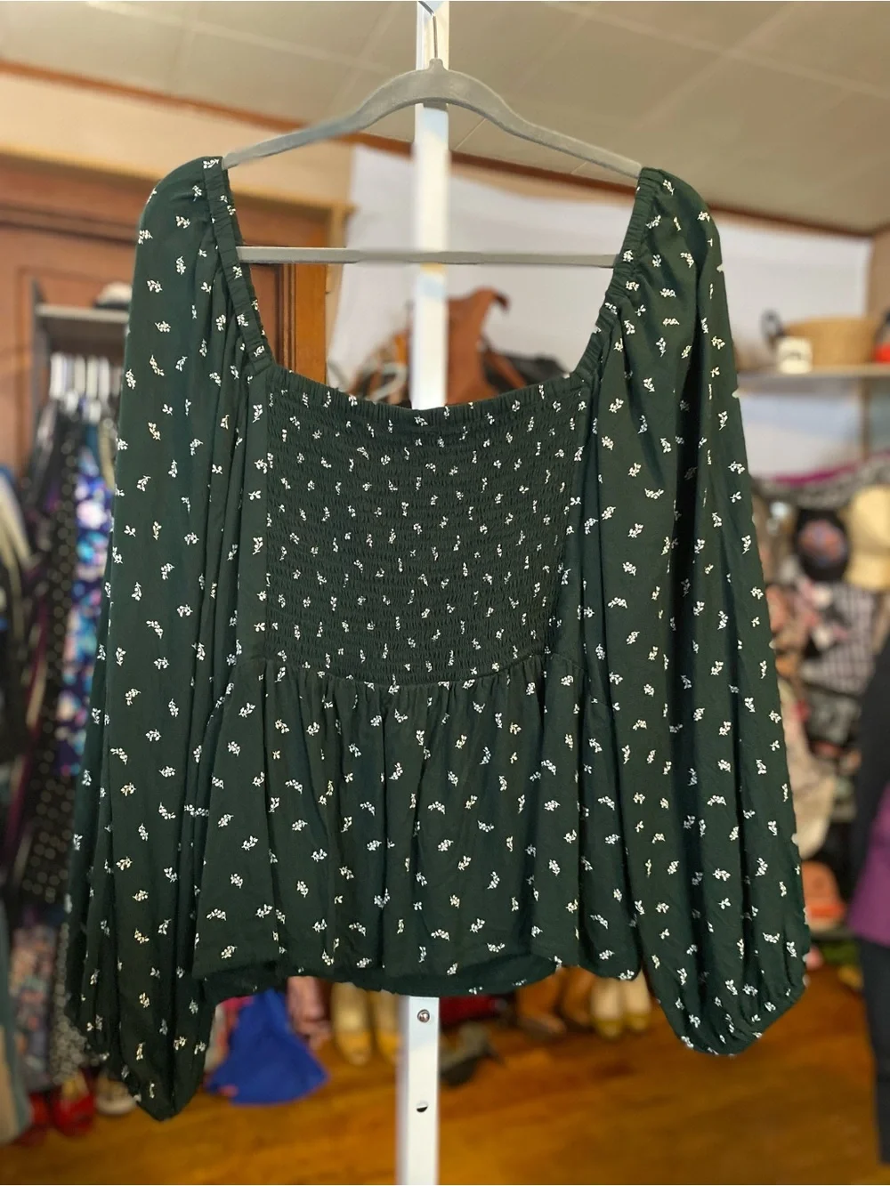 Old Navy Dark Green Floral Peasant Blouse